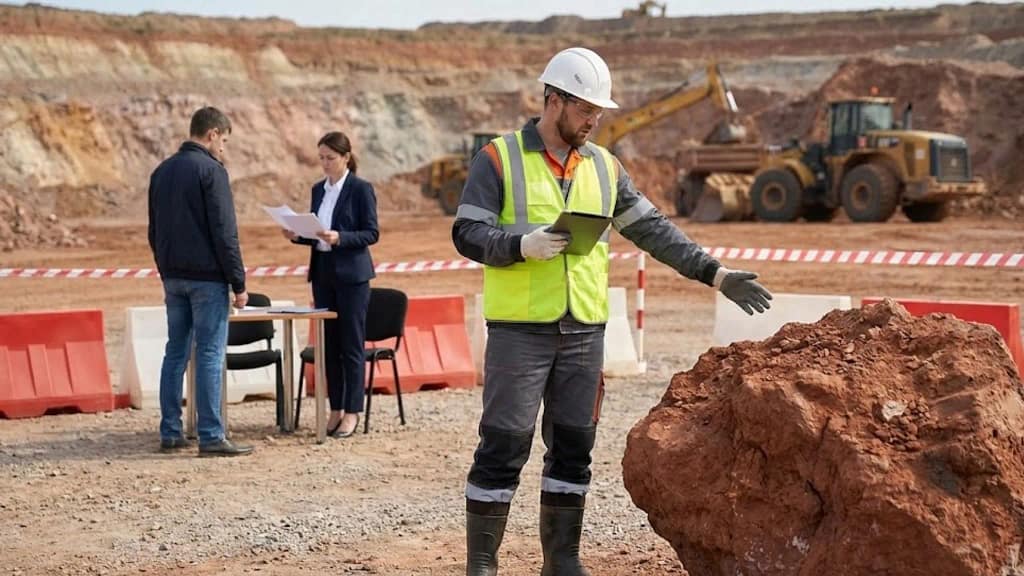 Excellent Opportunity: Bauxite Mine Worker Jobs in Russia | 60,000+ RUB Salary Bauxite mine worker jobs in Russia showing overseas job candidates undergoing site inspection and document verification at a mining location.