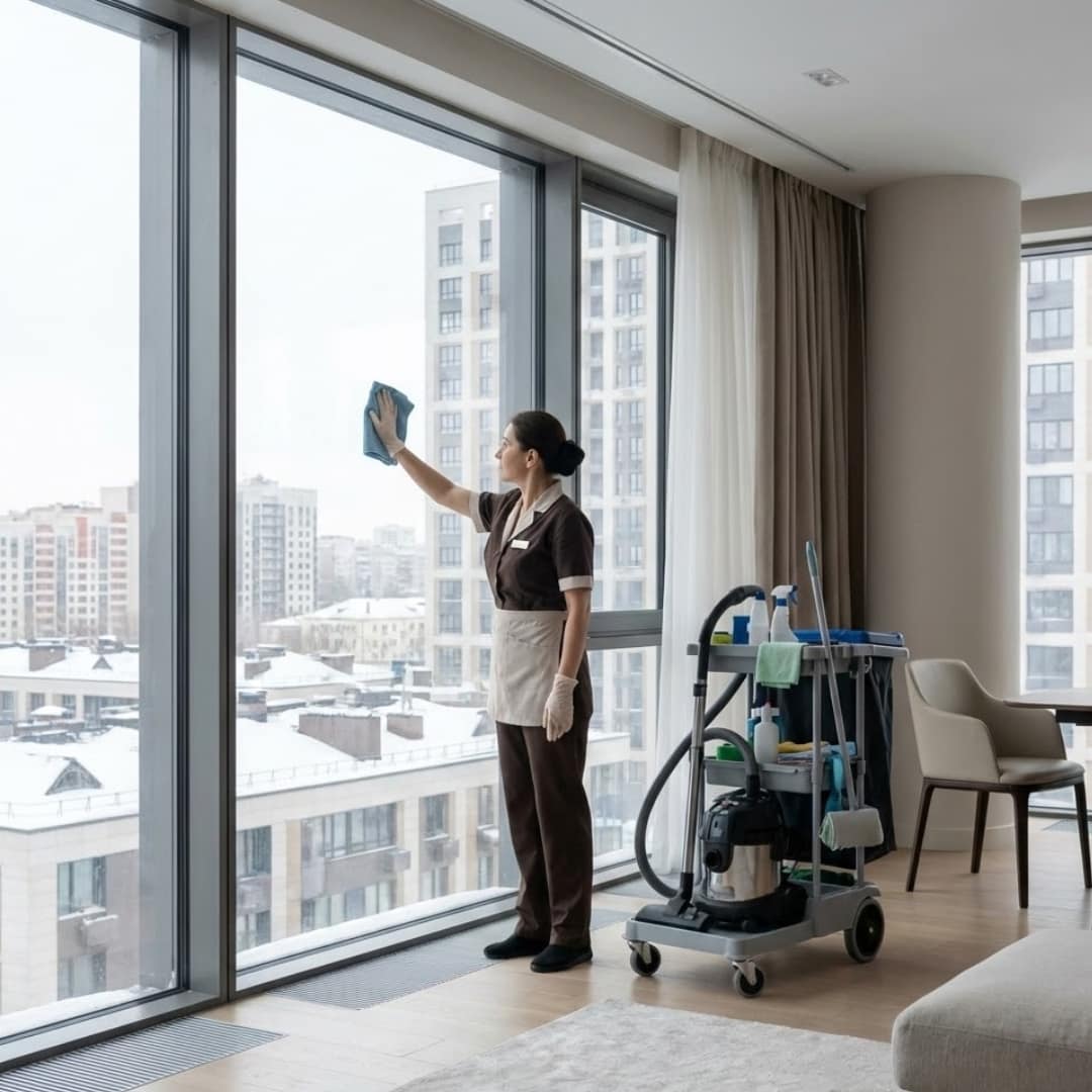 Housekeeper jobs in Russia showing a professional housekeeper cleaning a modern apartment window during overseas employment.