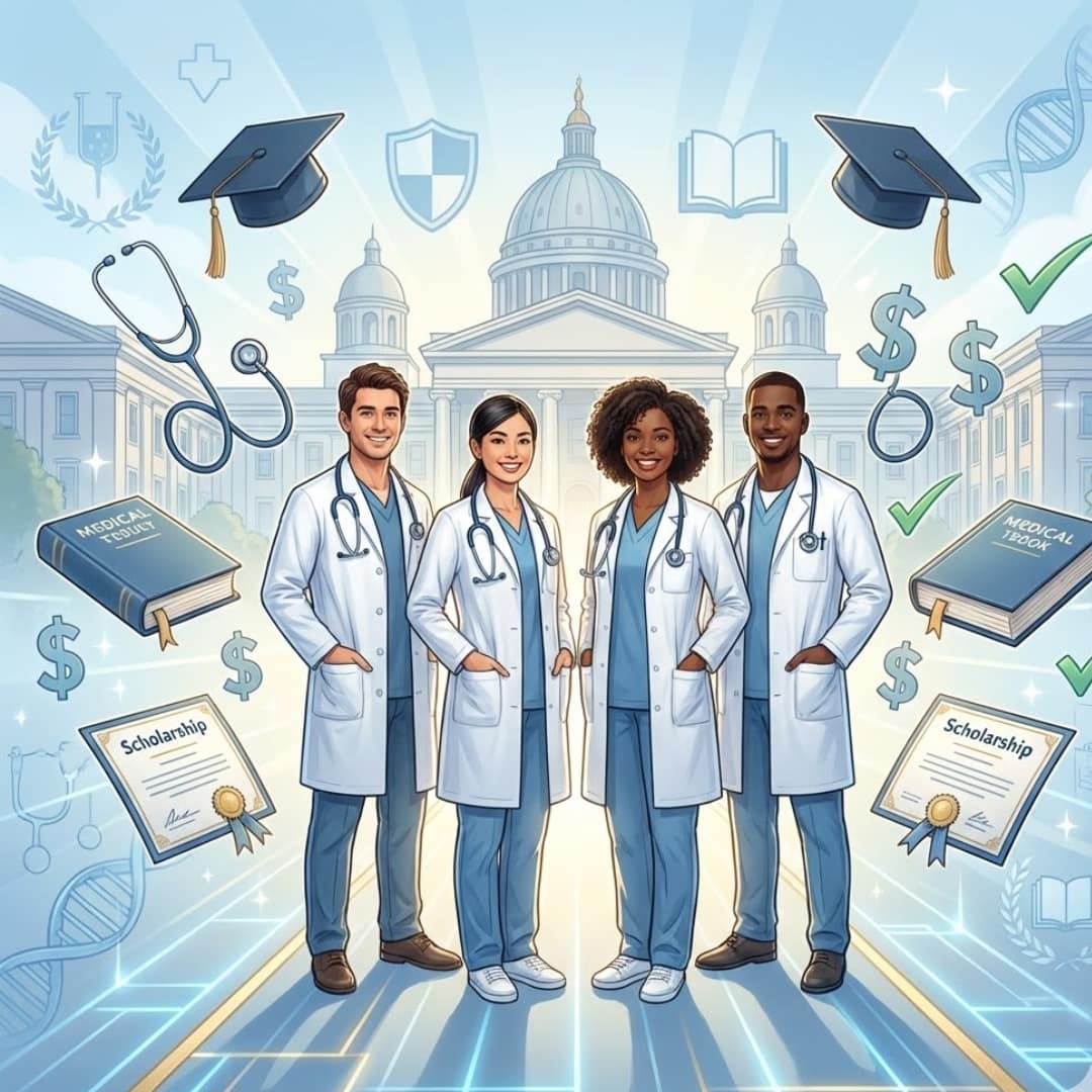 Medical schools with full scholarships concept showing diverse students with funding icons and certificates.