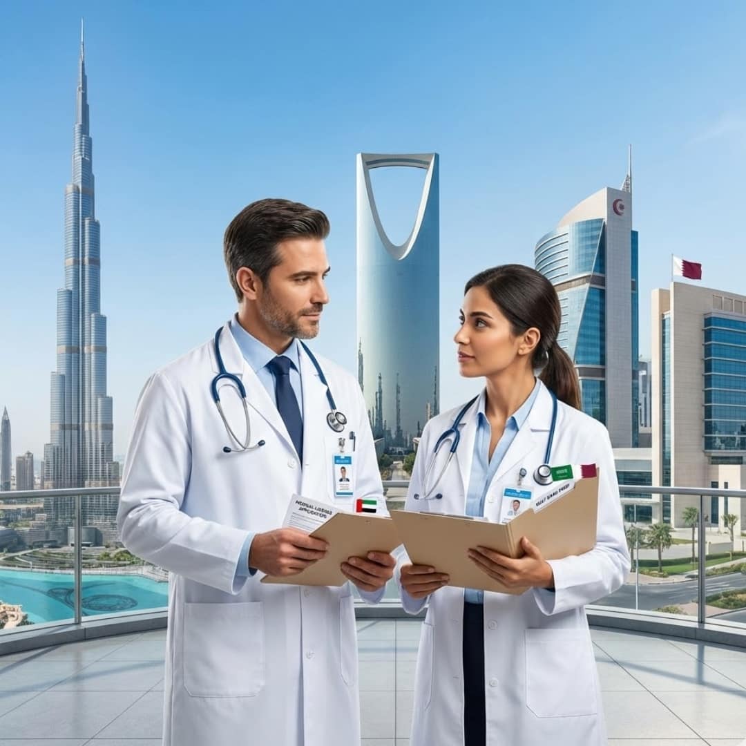 Working in Gulf countries after MBBS concept showing doctors discussing files with Dubai and Riyadh skylines in the background.