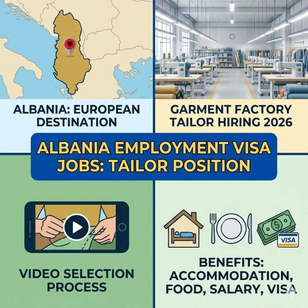 Albania employment visa tailor jobs 2026 garment factory hiring video selection.