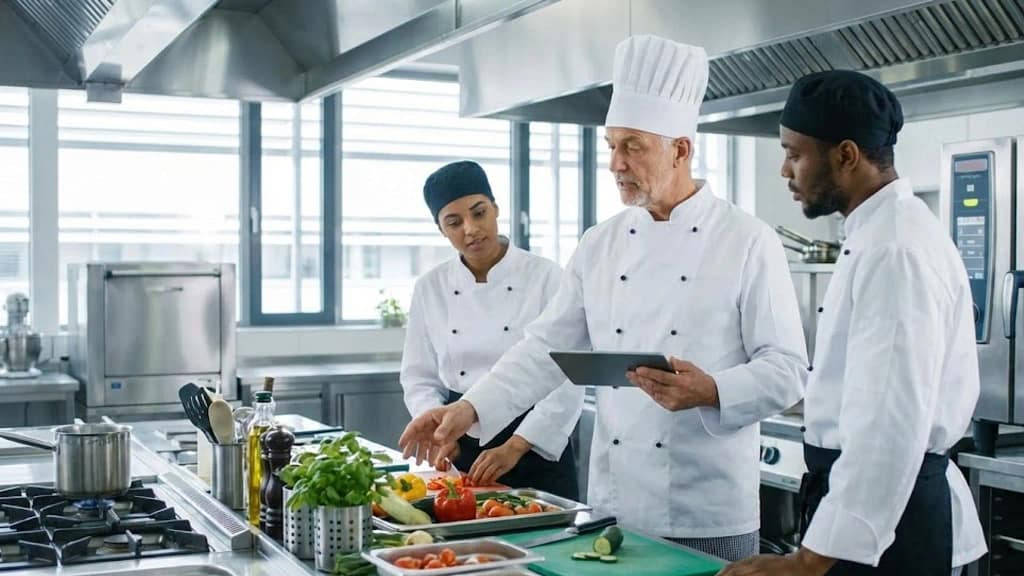Urgent Chef Vacancies in Oman – Salary Up to 1,500 OMR Chef vacancies in Oman showing overseas chefs reviewing kitchen tasks and work procedures in a professional commercial kitchen.