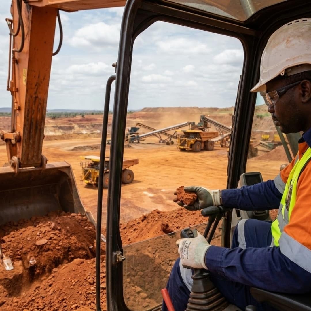 Bauxite mine worker jobs in Russia showing a skilled mine worker operating heavy equipment at an overseas mining site.