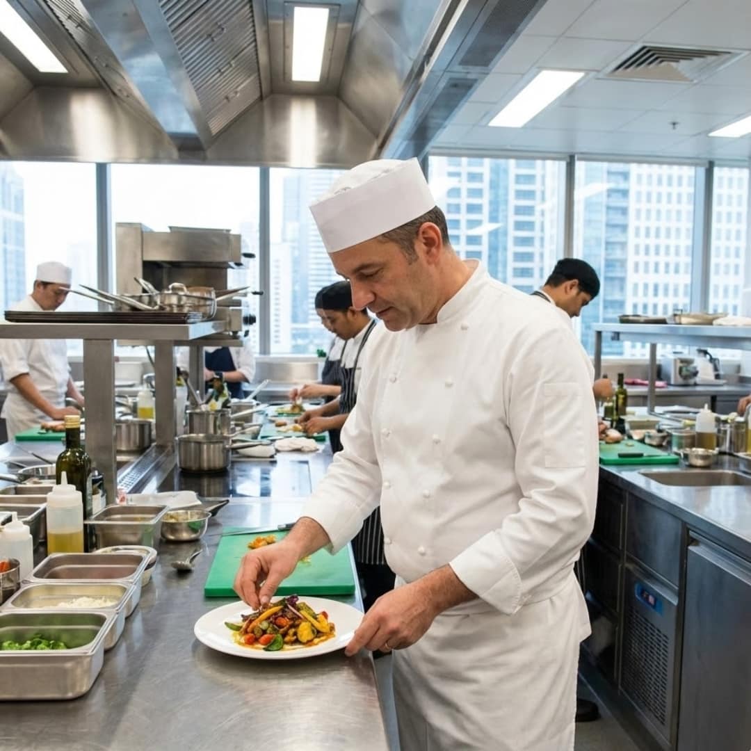 Chef vacancies in Oman showing an overseas chef plating food in a professional commercial kitchen environment
