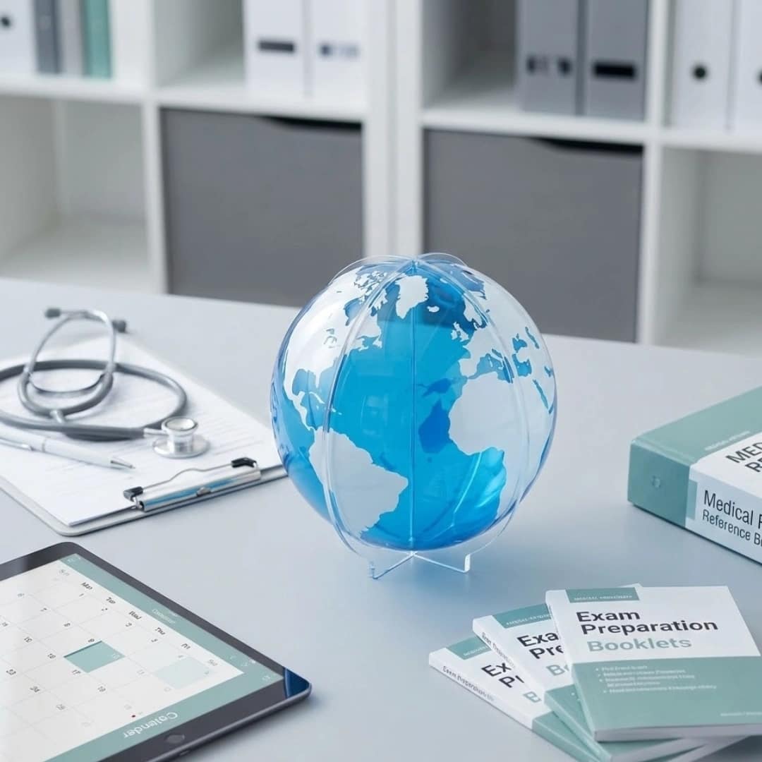 2026 global medical licensing exam dates concept featuring a globe, stethoscope, calendar, and study books on a white desk.