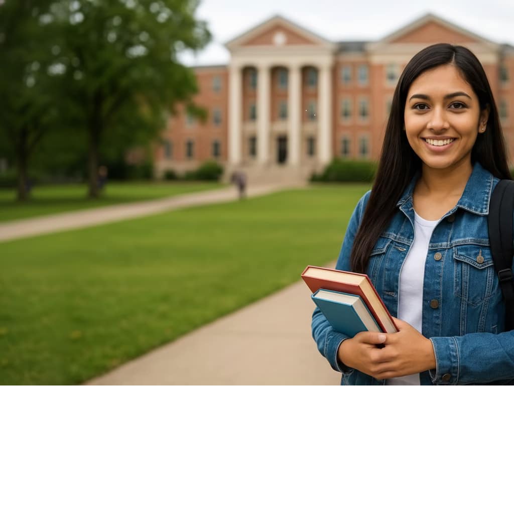 Smiling university student with books and backpack standing on a grassy path in front of a college building.