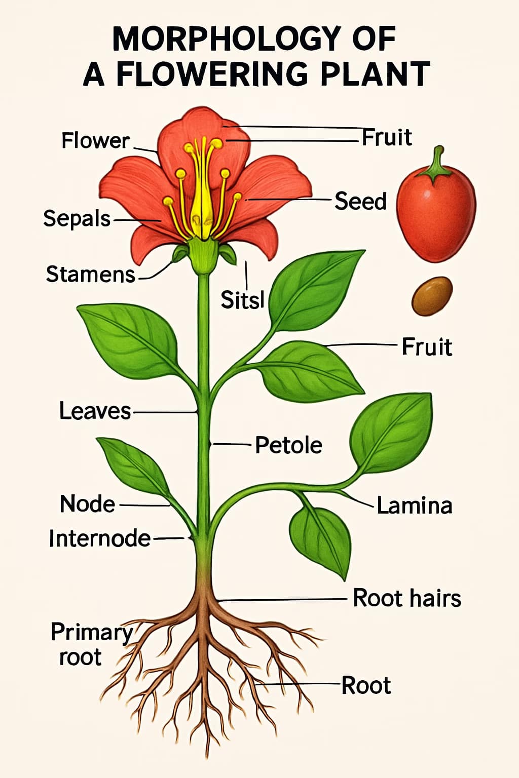 Detailed labeled diagram of a flowering plant showing root system, stem, leaves, flower parts, fruit, and seed for NEET biology studies.