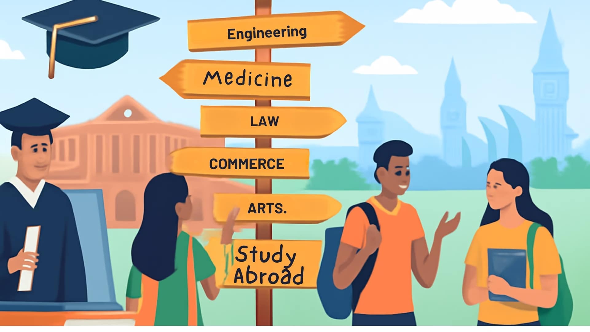 career options for Indian students with signpost showing Engineering, Medicine, Law, Commerce, Arts, and Study Abroad with diverse students