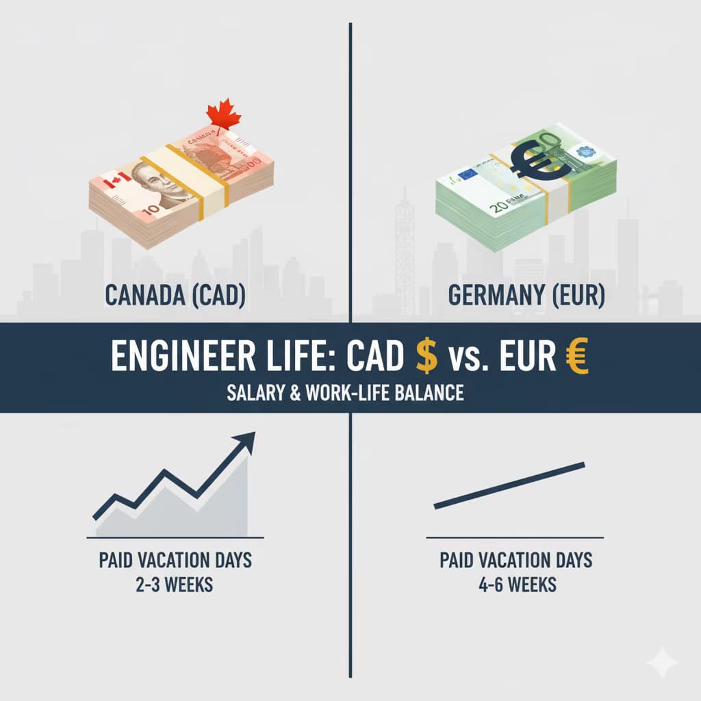 Engineer Salary Canada vs. Germany: (Salary & Lifestyle Guide) Comparison graphic showing the difference in average engineer salaries and work-life balance between Canada and Germany.