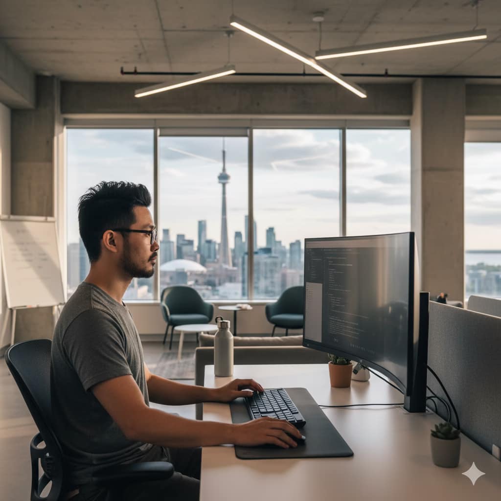 Engineer Salary Canada vs. Germany: (Salary & Lifestyle Guide) Software engineer working in a contemporary, diverse office in Canada, highlighting the growing tech sector.
