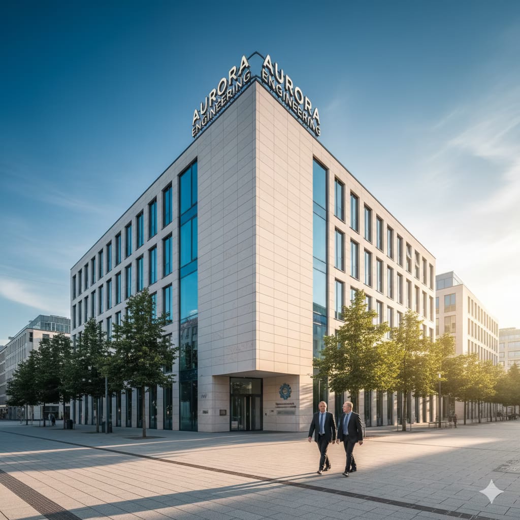 Modern German engineering firm building symbolizing the structured work environment in Germany.