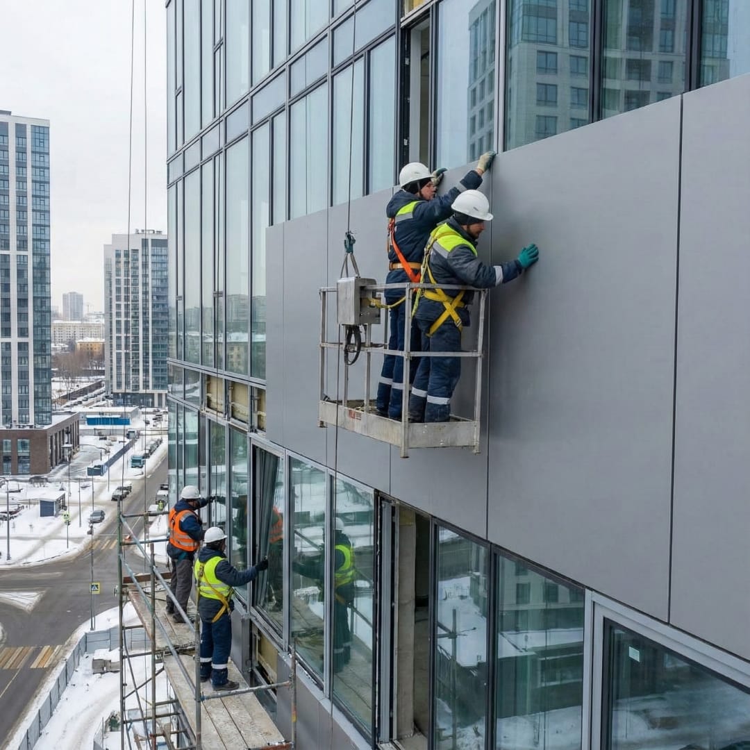 Facade Installer Jobs in Russia showing safety-equipped workers installing exterior cladding panels on a modern high-rise building using suspended platforms.