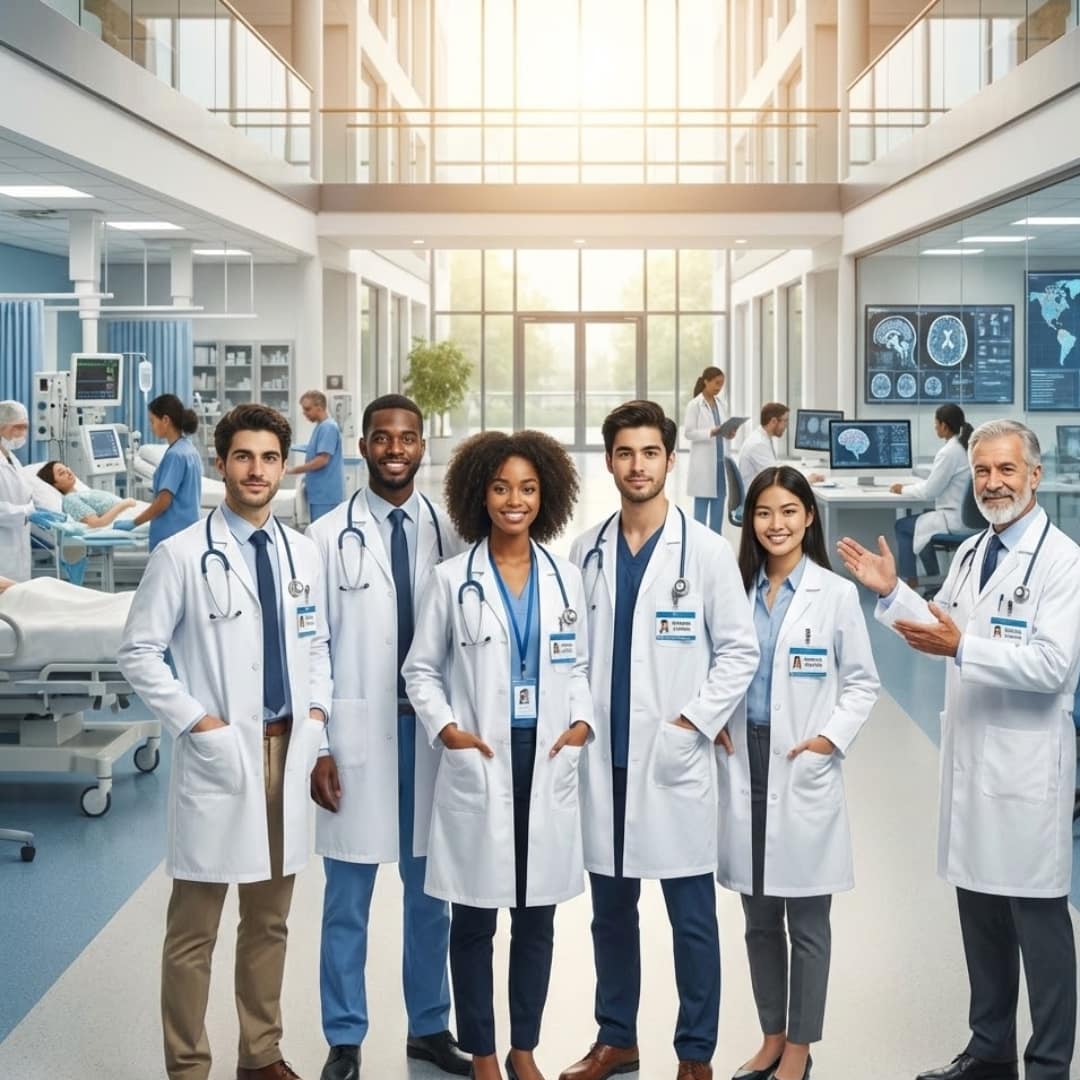 Internship opportunities for medical students shown by a diverse team of doctors in a busy modern hospital corridor.