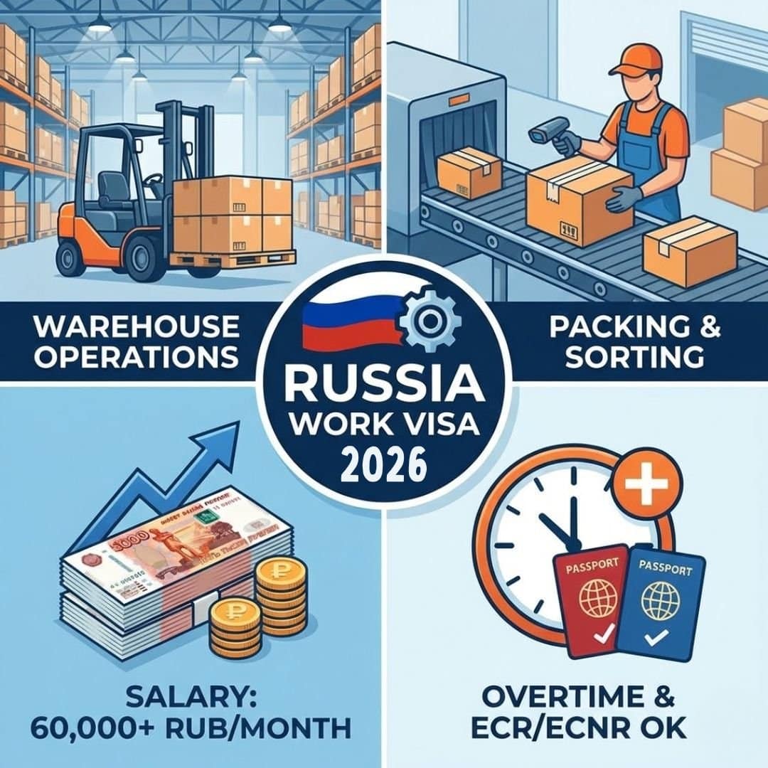 Warehouse worker jobs in Russia 2026 with 60000 ruble salary overtime and ECR ECNR passport accepted.