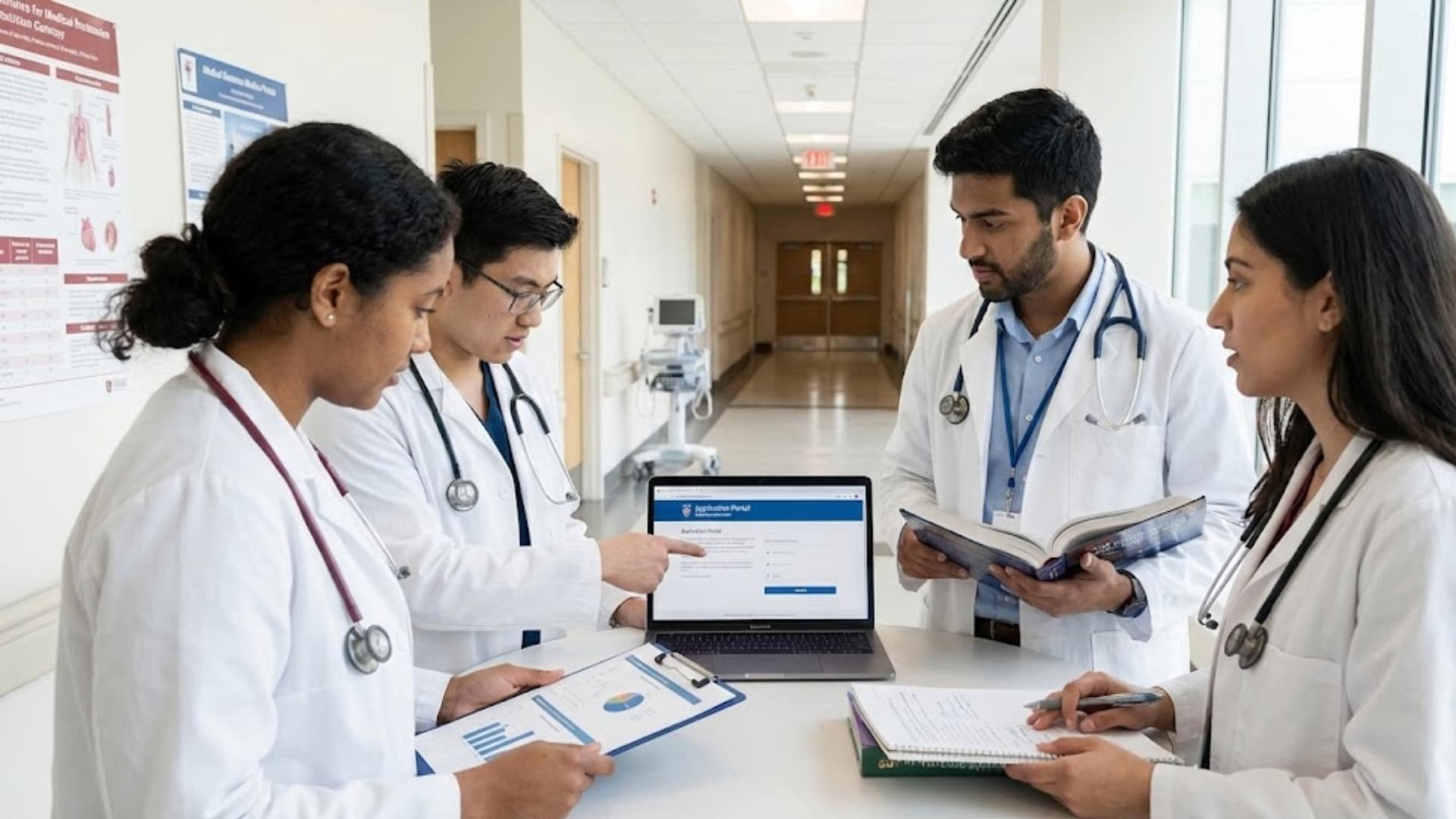 Complete 2026 Guide: Internship Opportunities for Medical Students Internship opportunities for medical students researched by a group of young doctors using a laptop in a hospital hallway.